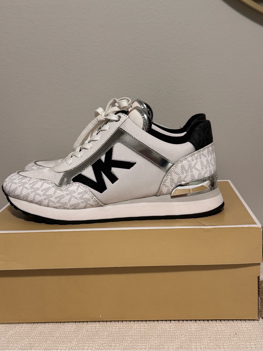 Michael Kors Maggie White, Navy and Silver Logo Trainer Sneaker